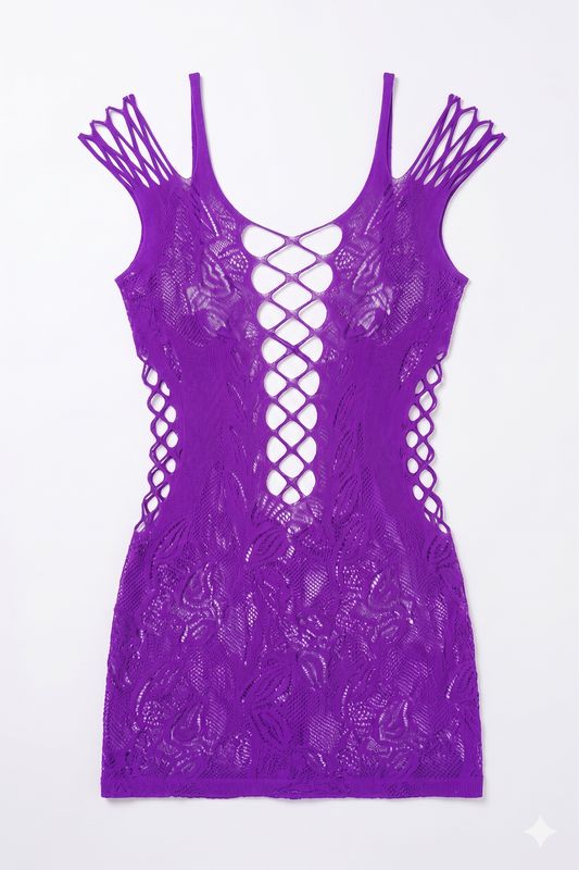 Purple lace dress with cut-out design on a white background