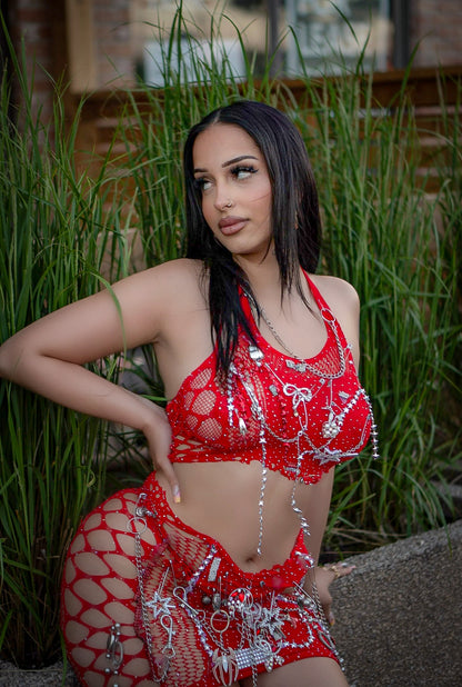Now or Never Embellished Mesh Skirt Set