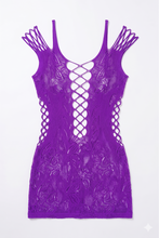 Load image into Gallery viewer, Purple lace dress with cut-out design on a white background
